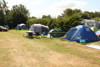 Campsite with tents, caravans, green lawns, and trees under a blue sky.